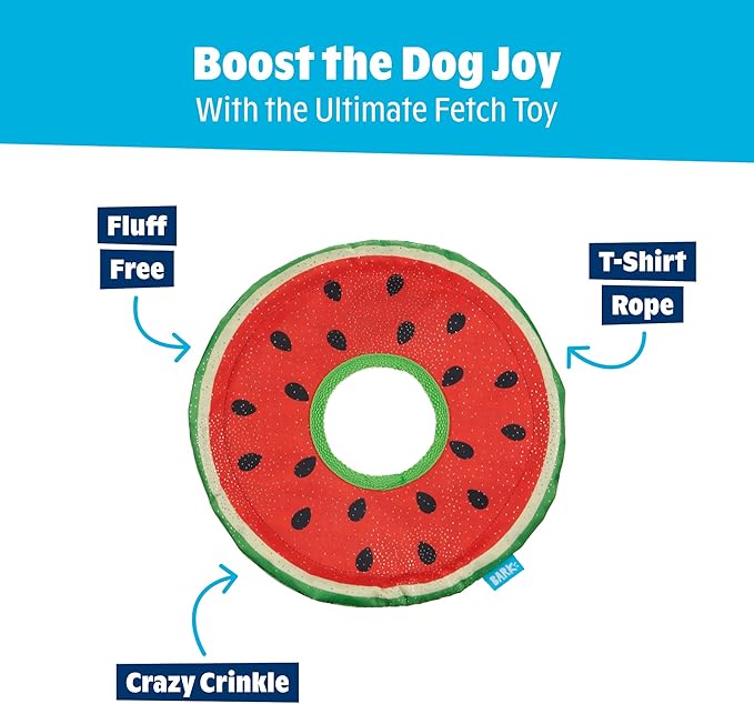 Barkbox Slobbermelon Fetch Flying Disc Dog Toy | Fluff-Free Crinkle Disc with T-Shirt Rope Edge | Durable Fetch & Tug Toy for Dogs & Puppies