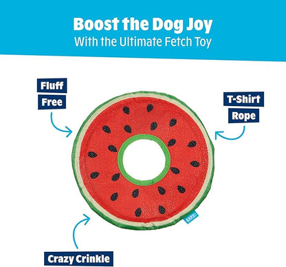 Barkbox Slobbermelon Fetch Flying Disc Dog Toy | Fluff-Free Crinkle Disc with T-Shirt Rope Edge | Durable Fetch & Tug Toy for Dogs & Puppies