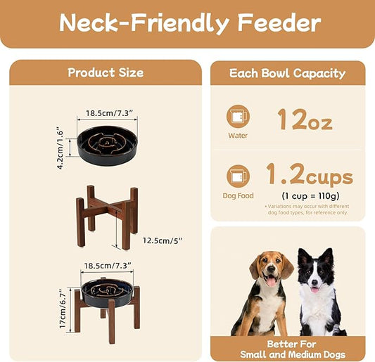 Ceramic 1.2 Cup Raised Slow Feeder Dog Bowl Set, Elevated Acacia Wood Stand for Medium and Small Dog, 7.3inch Slow Dish, Stop Bloat(Single Bowl+ Stand, Starry Sky)