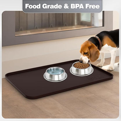 Silicone Dog Food Mat, Waterproof Anti-Slip Pet Feeding Mat with Warped Resistant Raised Edge,Spill-Proof Lip Floor Protection,Dishwasher-Safe Pet Placemat for Dogs & Cats(M 20" x 14" Brown)