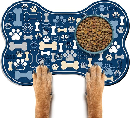 Dog & Cat Food Mat Bone Shaped Pet Feeding Mat Quick Absorb Water Bowl Placemat with Rubber Backing Indoor Floor Stain Resistant Pet Accessory Supplies (Blue, 12x18 Inches)