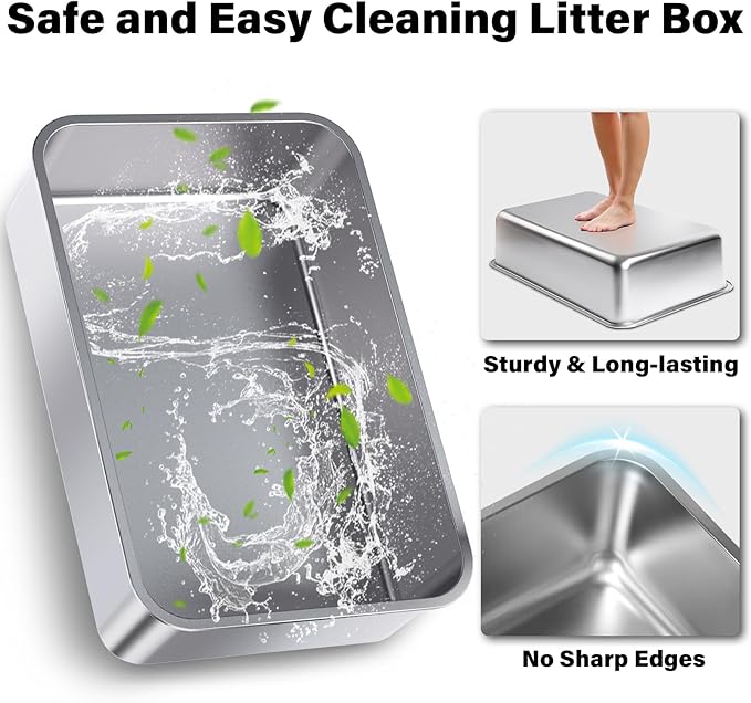 Stainless Steel Litter Box with Lid, 2 Pack Metal Litter Box XL, Extra Large Cat Litter Boxes for Big/Multiple Cats, Anti-Urine Leakage,No Smell, Non-Stick, Includes Scooper and Mat
