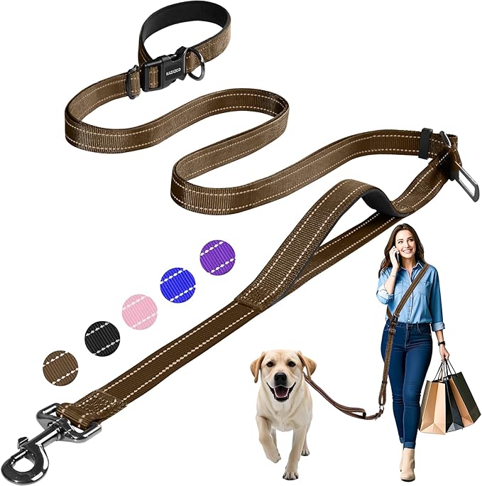 Kazazoo Hands-Free Dog Leash with Adjustable Length 5.5-8.5FT + Dual Padded Handles Reflective Safety for Walking, Jogging & Training | Suitable for Medium to Large Dogs & Puppies M Size Brown