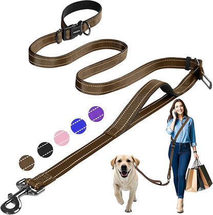 Kazazoo Hands-Free Dog Leash with Adjustable Length 5.5-8.5FT + Dual Padded Handles Reflective Safety for Walking, Jogging & Training | Suitable for Medium to Large Dogs & Puppies M Size Brown