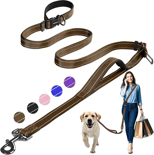 Kazazoo Hands-Free Dog Leash with Adjustable Length 5.5-8.5FT + Dual Padded Handles Reflective Safety for Walking, Jogging & Training | Suitable for Medium to Large Dogs & Puppies M Size Brown