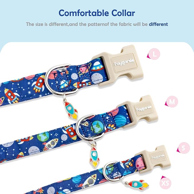Faygarsle Space Theme Dog Collar, Navy Blue with Rockets and Planets Pattern for Summer Small Medium Large Dogs M