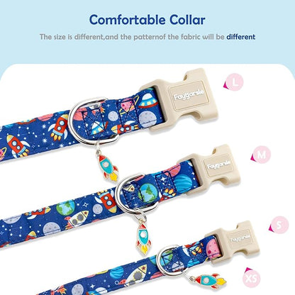 Faygarsle Space Theme Dog Collar, Navy Blue with Rockets and Planets Pattern for Summer Small Medium Large Dogs S