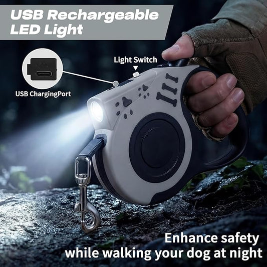Retractable Dog Leash with USB Rechargeable Flashlight for Night Walks, 16FT Automatic Telescopic Tractor Dog Leash for Small and Medium Dogs, Grey