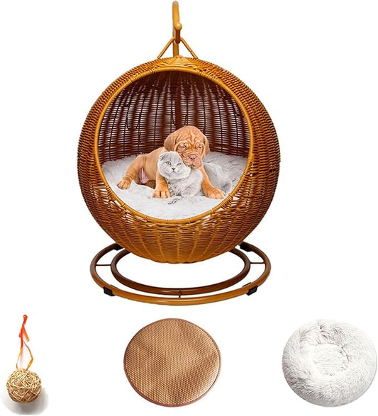 Pet Swing Bed with Removable Cushion & Hanging Ball Detachable Hanging Swinging Hammocks for Indoor/Outdoor Wicker Pets Swing Bed for Cat, Small Dog, Small Animals(Brown)