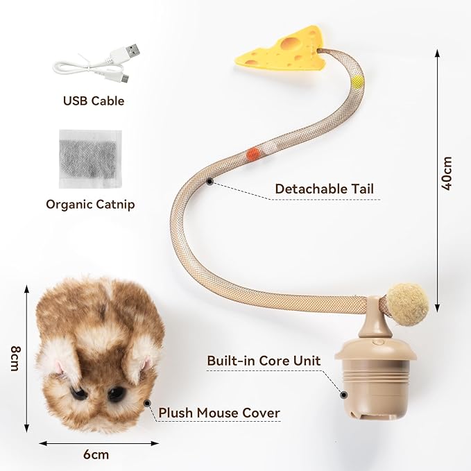 Migipaws Interactive MigiMouse Cat Toy 360° Rolling & Spin with Mesh Plastic Tail for Indoor Cats Smart Motion Sensor, Realistic Squeak, Rechargeable Plush Kitten Toy(Brown Long)