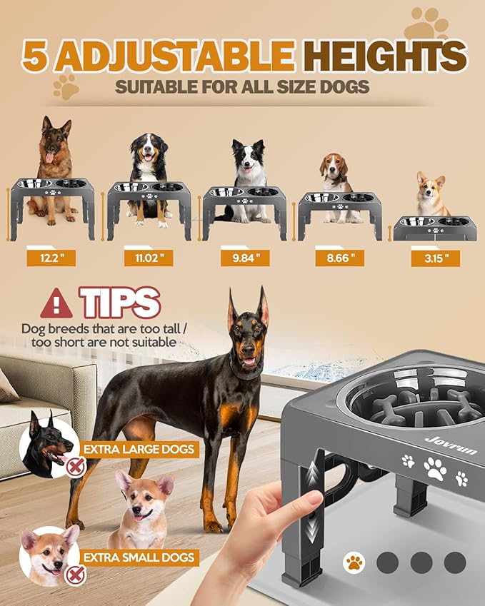 Elevated Dog Bowls for Medium Size Dogs with Mat, Non-Slip Dog Feeder with 1*Stainless Steel Dishes & 1*Slow Feeder Bowl, 5 Heights Adjustable Raised Bowls for 3.15″-8.66″-9.84″-11.02″-12.2″