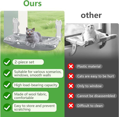2 Pack Cat Window Perch, Glow in The Dark Foldable Cat Window Hammock with Sunken Design, Removable Soft Cover, Breathable Cordless Window Bed for Cats Inside Holds up to 40lbs (Star Grey)