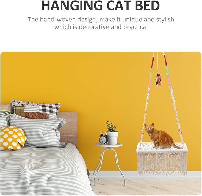 Decorative Cat Hanging Bed Macrame Kitten Hammock Cotton Rope Tassel Swing for Indoor Pet Cats and Kittens