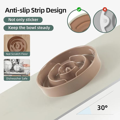 Ceramic 1.2 Cup Raised Slow Feeder Dog Bowl Set, Elevated 6.1inch Bowl and 7.3inch Puzzle Slow Food Dish with Wooden Stand for Medium and Small Dog, Anti-Gulping (2 x Brown Coffee+ Stand)