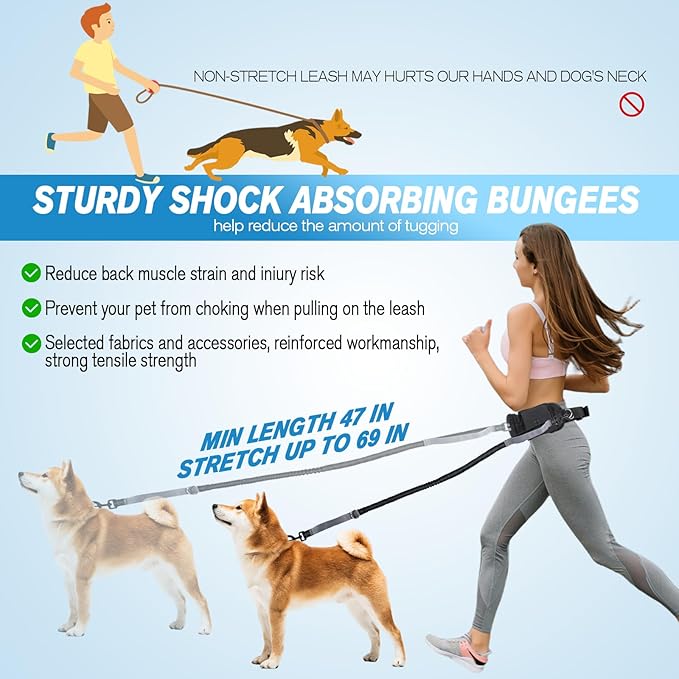 Hands Free Dog Leash with Dog Walking Fanny Pack for Large Medium Small Dogs, Heavy Duty Durable Reflective Waist Bungee Leash for Dog Training,Night Walking Running Jogging Hiking