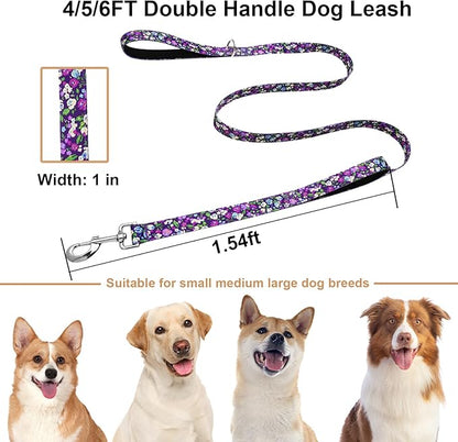 4ft Dog Leash with Two Padded Handles, Cute Girl Dog Leash with Soft Dual Handle, Walking Training Lead for Small Medium Large Dogs, Purple Floral