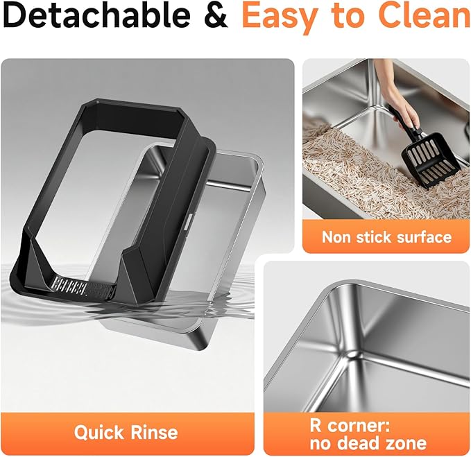 Stainless Steel Litter Box with High Sides Lid, XL High Sided Cat Litter Pan, Open Top Extra Large Metal Cat Litter Box, Non-Stick Leakproof, Litter Scoop Included, Black