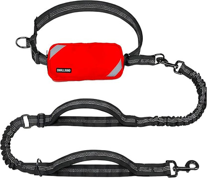 Hands Free Dog Leash with Waterproof Pouch, Adjustment Bungee Leash with Dual Soft Padded Handles for Hiking, Walking, Jogging and Running Your Dogs(Red)