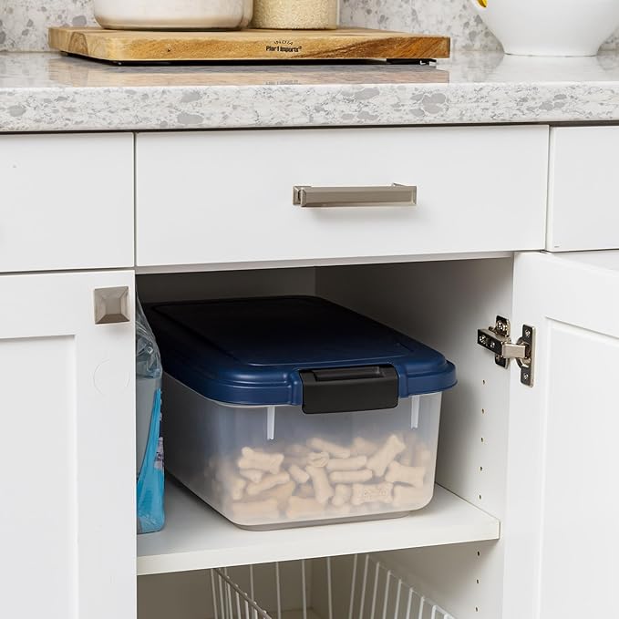 IRIS USA Airtight Dog Food Storage Container, Up to 14 lbs, Dog Cat Bird and Other Pet Food Treats Storage Bin, Dog Cat Wet Food Cans, Keep Fresh, BPA Free, Stackable, Navy