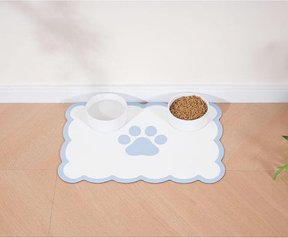 Ralxion Scalloped Dog Feeding Mat, Absorbent Mats for Dog Food and Water Bowl, Dispenser, Cute Elegant Aesthetic Preppy Water Blue Scallop Pet Placemat for Dogs, Cats, Puppy Accessories, 14" X 19”