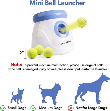 PetPrime Dog Automatic Ball Launcher Dog Interactive Fetch Toy Pet 2'' Thrower Throwing Game 3 Tennis Balls Tennis Mini Size Ball Launcher for Dogs Included Launch Distance 10-30ft