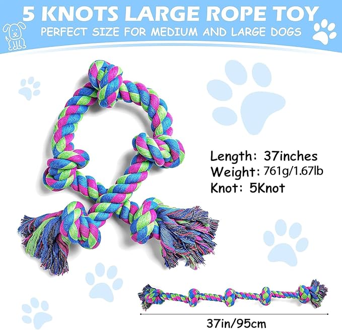 Aitmexcn Dog Rope Toys for Large Medium Dog Chewers, Rope Indestructible Dog Chew Toys, 37 Inch 5 Knots Tough Dog Tug Toy for Teeth Cleaning, Tug of War