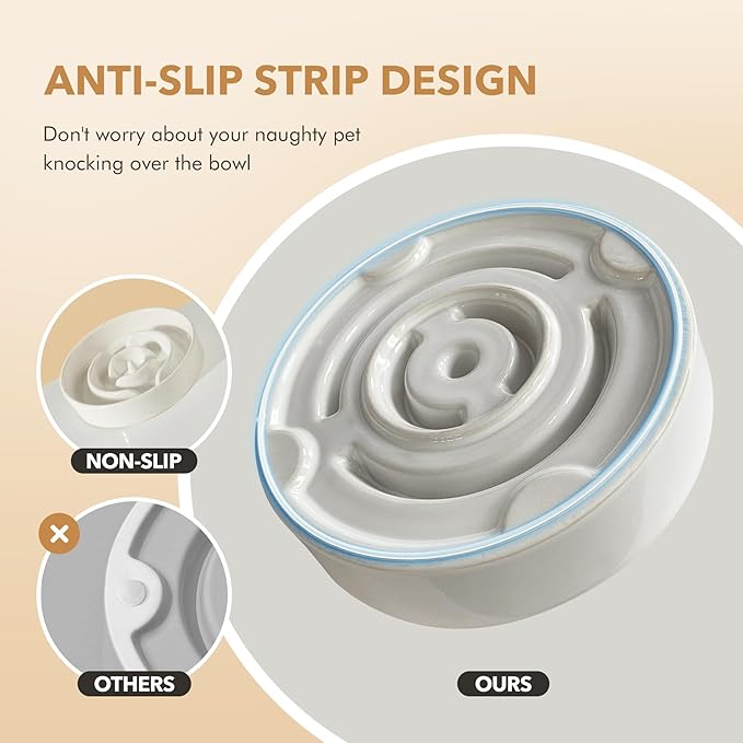 Ceramic 1.2 Cup Dog Bowl Slow Feeder for Medium and Small Dog, 7.3inch Pet Slow Dish, Stop Bloat, Preventing Choking(Single Bowl, Vanilla White)