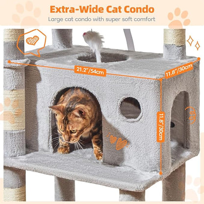 Taoqimiao Large Cat Tree，73-Inch Cat Tree Tower with 9 Scratching Posts for Indoor Cats, 2 Large Cat Condo with Hammock, Hanging Basket, 2 Extended Platform, Light Gray MS013XLW