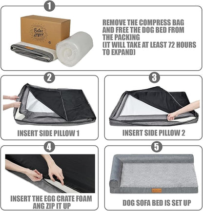 Patas Lague Orthopedic XL Dog Bed Large Sized Dog 42''X28'', Waterproof L Bolster Big Large Pet Sofa Beds with Removable Washable Cover, Soft Comfortable Pet Couch Crate Mat with Nonskid Bottom, Brown