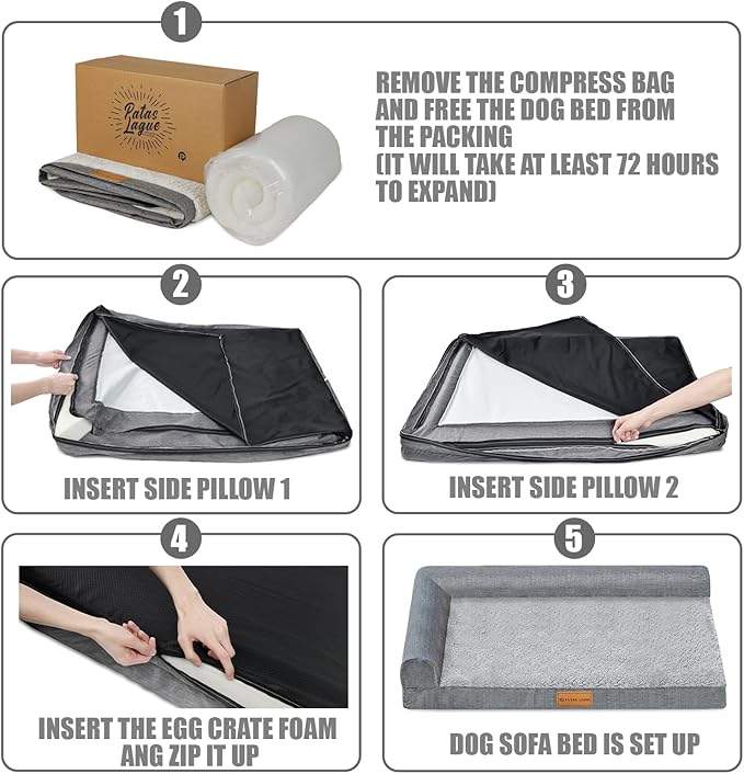 Patas Lague Orthopedic XL Dog Bed Large Sized Dog 48''X30'', Waterproof L Bolster Big Large Pet Sofa Beds with Removable Washable Cover, Soft Comfortable Pet Couch Crate Mat with Nonskid Bottom, Brown