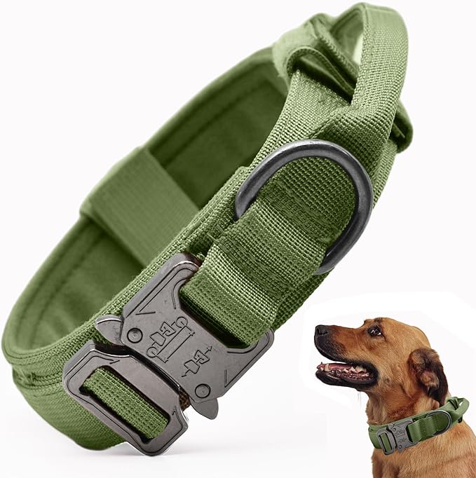 Tactical Dog Collar, Adjustable Military Training Nylon Dog Collar with Control Handle and Heavy Quick-Release Metal Buckle for Small Medium Large Dogs, Green XXL