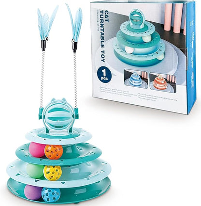 Vealind Cat Toy Roller 4-Level Turntable Cat Toys Balls with 14 Pcs Colorful Pom Pom Balls Interactive Fun Mental Physical Exercise Puzzle Kitten Toys (Green)