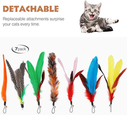 Pawaboo Interactive Cat Toys for Indoor Cats, Cat Wand Toys, Cat Fishing Pole Toy for Kitten Kitty, Cat Feather Teaser Wand Toys (Colorful, Stripes)