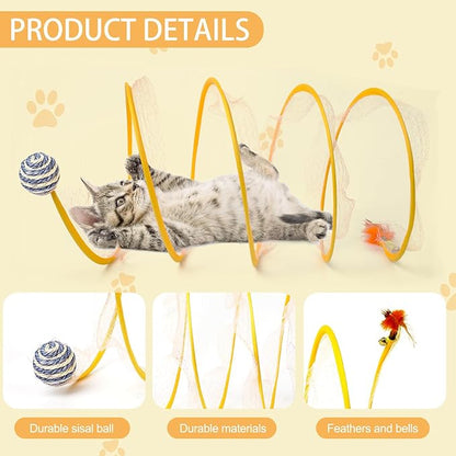 2-Pack Large Cat Tunnel Beds - Indoor & Outdoor,Kitten Collapsible Spring Tunnel Toy with Feather and Bell,Interactive Spring Toys for Cats & Kittens（Yellow）