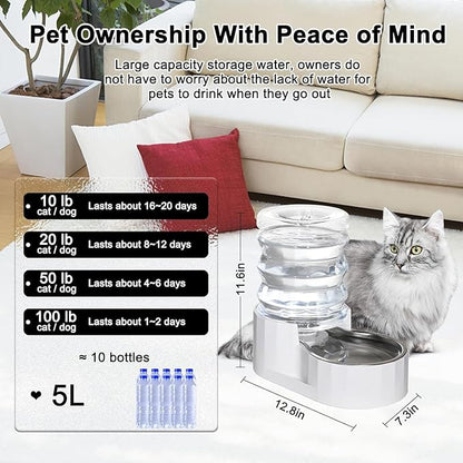RIZZARI Dog Water Bowl Dispenser: 5L Large Stainless Steel Gravity Feeder - Remove Odor/Soften Water - Prevent Urinary Stones to Extend Lifespan - Leak-Proof - for Small to Medium-Sized Dogs and Cats