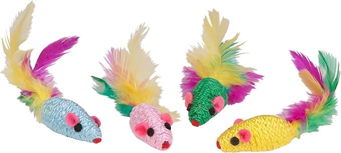 Boss Pet Chomper Kylie's Brites 4-Piece Feather Mouse Rattlers Toy for Pets