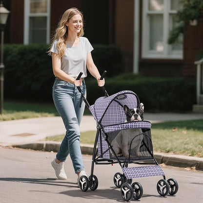 Dog Stroller for Small Dogs 10 lbs -22lbs Puppy Stroller Medium Dog Wagon Small Pet Stroller for Cats, Cat Strollers for 2 Cats, Rear Storage, Plaid