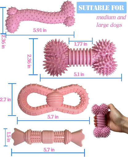 4 Pack Teething Toys Dog Durable Chew Toys Soft Rubber Toy Dog Teeth Cleaning Toothbrush Toy Cute Interactive Toys for Medium Large Breed(Medium,Pink)