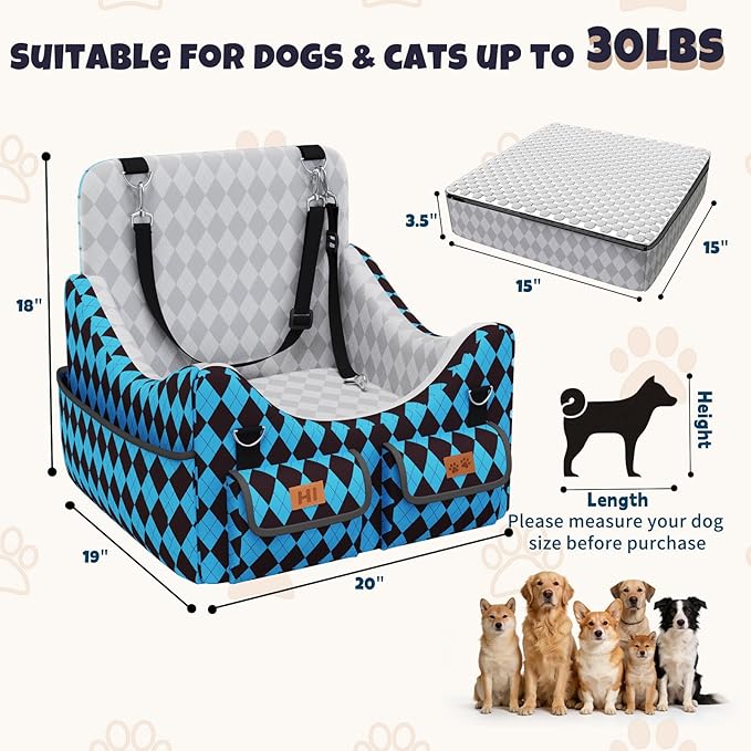 Dog Car Seat for Small/Medium Dogs up to 35lbs, 4-Pocket Storage Memory Foam Dog Booster Seat, Detachable Washable Pet Car Seat with Safety Belt, Outdoor & Indoor Use (Light Blue/Coffee)