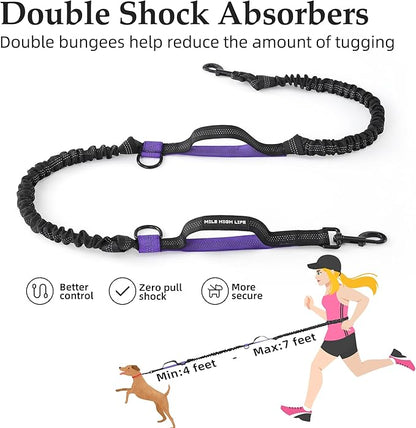 Mile High Life Hands Free Waist Leash for Dog Running Training and Jogging, Adjustable Belt with Double Handle, Reflective Bungee for Medium Large Dogs (Purple, 7FT)