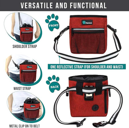 PetAmi Dog Treat Pouch, Pet Treat Pouch for Training, Dog Walking Bag Holder for Kibbles, Pet Food Toy, Dog Trainer Essentials Supplies, Poop Bag Dispenser, 3 Ways to Wear (Red)