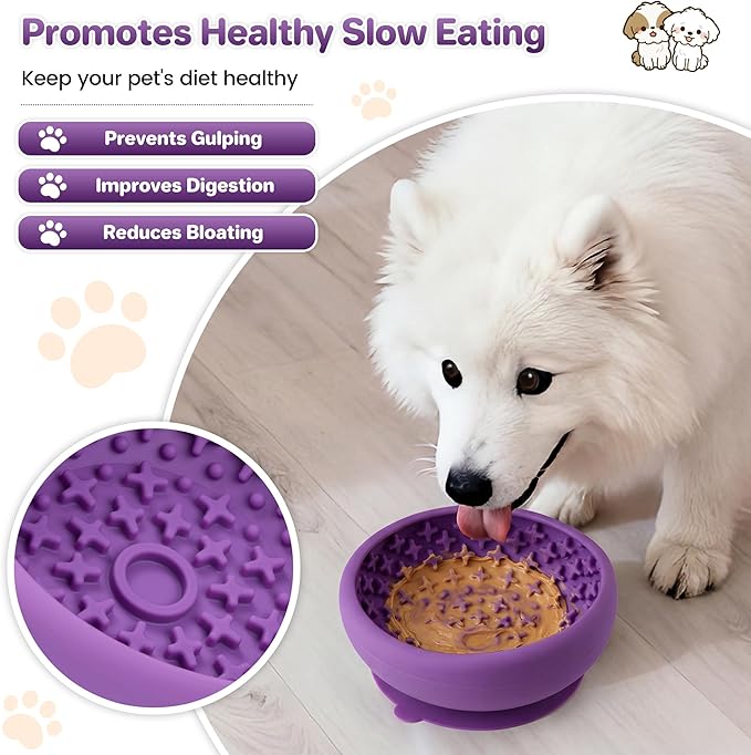 Dog Lick Bowl Slow Feeder with Slanted Anti-Spill Design, Extra-Thick Bite-Resistant Rim, Strong Suction Base, Freezer Safe for Frozen Treats — A Cleaner Alternative to Lick Mats for Dogs (Purple)