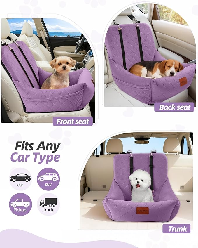 WOOAIDAGG Dog Car Seat for Small Dogs Up to 25lbs,Soft Washable Fabric Fill in Memory Foam,Easy to Assemble with 2 Clip-On Safety Leashes and Storage Pockets,Front or Back Seat are Both OK(Purple)