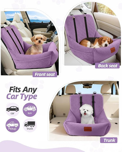 WOOAIDAGG Dog Car Seat for Small Dogs Up to 25lbs,Soft Washable Fabric Fill in Memory Foam,Easy to Assemble with 2 Clip-On Safety Leashes and Storage Pockets,Front or Back Seat are Both OK(Purple)