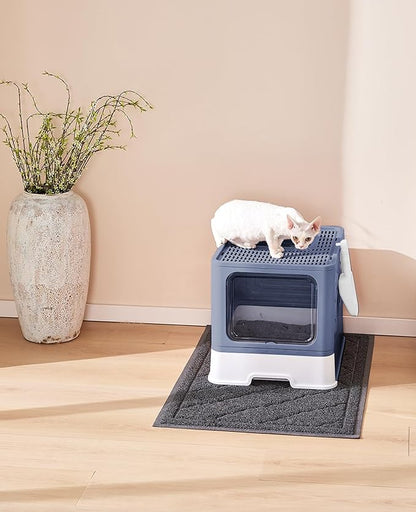 Cat Litter Box with X-Large Litter Mat and Scoop, Large Covered Litter Box with Lid, Enclosed Kitty Box,Front Top Entry Exit, Odor Control Easy to Clean (Upgrade Midnight)