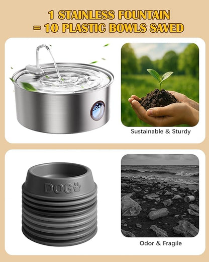 Stainless Steel Dog Water Fountain – 8L/270oz Automatic Waterer with Quiet Pump for Medium/Large Dogs, Cats & Multi-Pet Homes, Visible Water Window & Easy to Clean