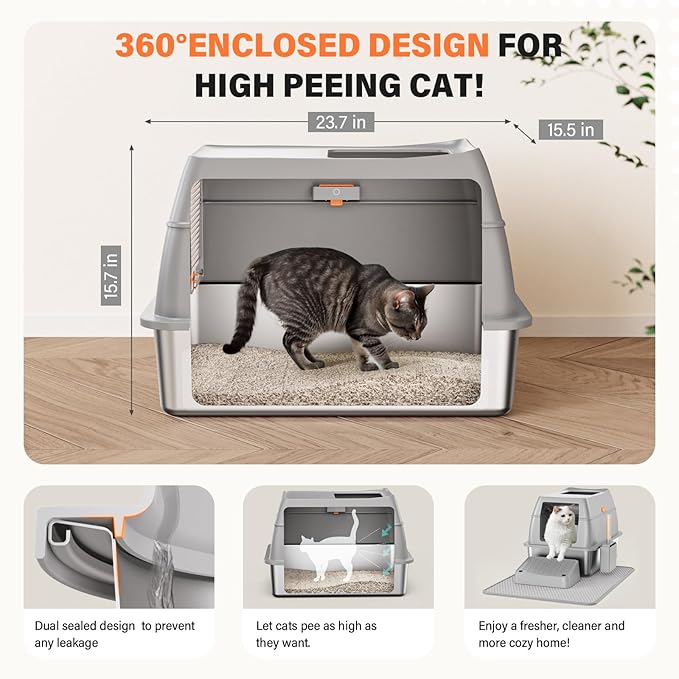 Stainless Steel Cat Litter Box with Scoop, Metal Litter Box High Sided, Cat Litter Box Enclosure, XL Extra Large High-Sided Litter Boxs (Anti-Urine Leakage, Include Scoop) (Grey)