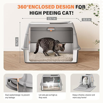 Stainless Steel Cat Litter Box with Scoop, Metal Litter Box High Sided, Cat Litter Box Enclosure, XL Extra Large High-Sided Litter Boxs (Anti-Urine Leakage, Include Scoop) (Grey)