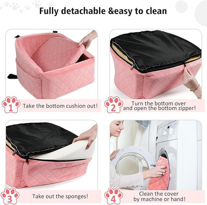 NEEZUKAR Dog Car Seat for Small Medium Dogs,Detachable Washable Dog Booster Seat Under 30lbs, Pet Car Seats Travel Bed with Storage Pockets and Safety Belt(Pink)