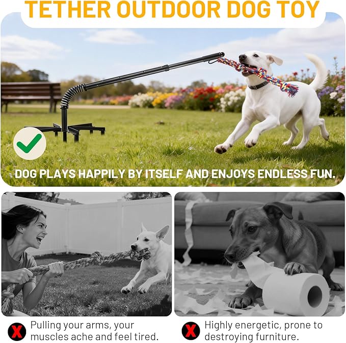 Tether Tug Outdoor Dog Toy,Tether Tug For Large Dogs,Spring Pole For Dogs in Park,Yard,Lawn,2 Rope Toy and Bell Pull Chase and Solo Play,Tether Interactive Dog Tug Toy,For Medium Small Dogs(Black)